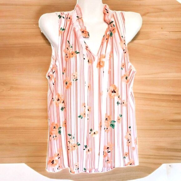 ELLE Plus Size Sheer Sleeveless Orange/White Ruffle Floral Print V-neck Top - Picture 1 of 14